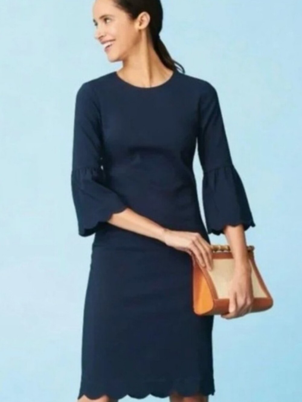 J. McLaughlin Women's Blue Elle Sheath Scalloped Hem Bell Sleeve Dress Sz 8